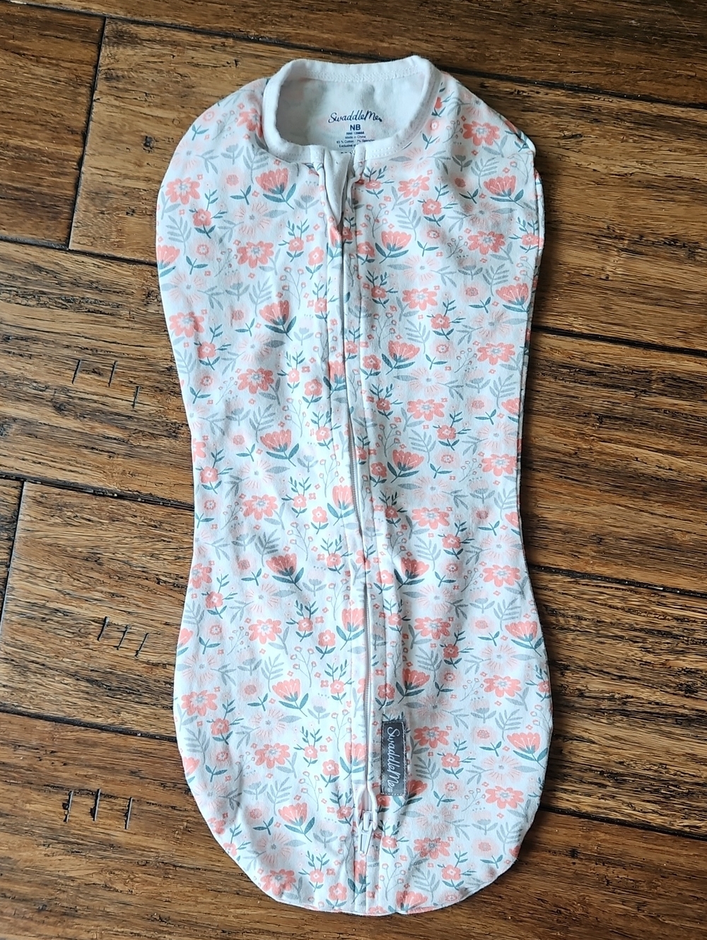 NB SwaddleMe Floral Zip‎ Swaddle in White with Coral & Teal Flowers